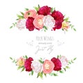 Burgundy red and white peonies, pink ranunculus, rose vector design frame. Delicate floral background.