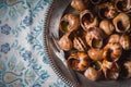 Burgundy snails on the napkin pattern background top view