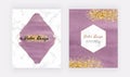 Burgundy watercolor cards with gold glitter texture, confetti and geometric polygonal lines frames. Modern abstract cover design.