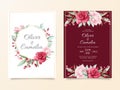 Burgundy wedding invitation card template set of elegnat flowers decoration. Garden floral border save the date, invitation, Royalty Free Stock Photo