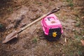 Burial of domestic pet illegal cemetery in forest. Sad tragic plot of animal death. Deceased kitten is wrapped in opaque bag in Royalty Free Stock Photo