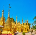 The golden stupas and giant hti finial, Hang Si, Taunggyi, Myanmar Royalty Free Stock Photo