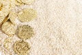 Buried Pirate Treasure Gold Coins in the Sand on a Sandy Beach