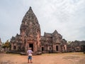 BURIRAM, THAILAND - August 5, 2023: Tourists visit Prasat Khao Phanom Rung is a stone laterite castle. Thailand.