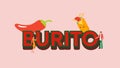 Burito illustration. Spicy mexican appetizer with red pepper and meat in pita bread hot snack cheese.