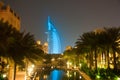 Burj Al Arab glowing at night in Cyan Royalty Free Stock Photo