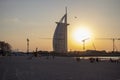 Burj Al Arab hotel. Dubai. UAE. Shot from the beach side where smart palm installation can be seen. Outdoor