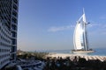 Burj Al Arab at sunny day Luxury 7 Stars Hotel Beautiful Building. Corner view from Jumeirah Beach