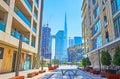 Burj Khalifa and Address Sky View from the alley in City Walk, on March 6 in Dubai, UAE