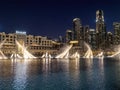 BURJ KHALIFA DUBAI UNITED ARAB EMIRATES 11, 2020 Night performance of Fountain on Burj Khalifa Lake , March 11, 2020, Burj Khalifa Royalty Free Stock Photo