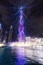 Burj Khalifa illumination with fountain show in Dubai UAE at night Royalty Free Stock Photo