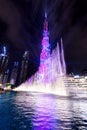 Burj Khalifa illumination with fountain show in Dubai UAE at night Royalty Free Stock Photo