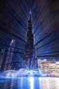 Burj Khalifa illumination with fountain show in Dubai UAE at night Royalty Free Stock Photo