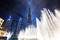 Burj Khalifa illumination with fountain show in Dubai UAE at night Royalty Free Stock Photo