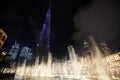 Burj Khalifa skyscraper illuminated in blue and Fountain Show in front of Dubai Royalty Free Stock Photo