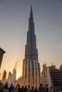 The Burj Khalifa Tower and the Dubai Fountain during sunset