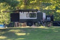 Burkesville, KY - August 11, 2023: Small teardrop travel trailer parked at Dale Hollow State Park Campground site