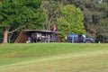 Burkesville, KY - August 11, 2023: Small teardrop travel trailer parked on a hill at Dale Hollow State Park Campground