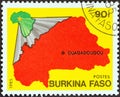 BURKINA FASO - CIRCA 1985: A stamp printed in Burkina Faso shows Maps of Africa and Burkina Faso, circa 1985.