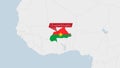 Burkina Faso map highlighted in Burkina Faso flag colors and pin of country capital Ouagadougou Royalty Free Stock Photo