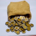 Burlap bag with Egyptian one-pound coins, isolated on a white background Royalty Free Stock Photo