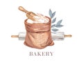 Burlap bag with flour, wooden scoop. Sack with wheat flour and marble rolling pin. Watercolor hand drawn illustration