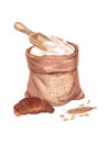 Burlap bag with flour and wooden scoop. Sack with wheat flour, spikelets and croissant. Watercolor hand drawn