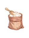 Burlap bag with flour and wooden scoop. Sack with wheat flour. Watercolor hand drawn illustration, isolated on white