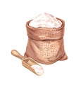 Burlap bag with flour and wooden scoop. Sack with wheat flour. Watercolor hand drawn illustration, isolated on white