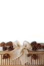 Burlap Christmas Bow and Pinecones Isolated on White Background