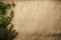 Burlap fabric texture background with herbs generative AI Royalty Free Stock Photo