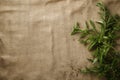 Burlap fabric texture background with herbs scattered on it generative AI Royalty Free Stock Photo