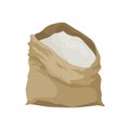 Burlap farmer bag for flour, rice or salt. Farm production in brown textile bale, opened with product inside. Cartoon