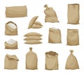 Burlap farmer bag set with flour, rice or salt. Farm production in brown textile bales, closed and open sacks with white