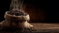 Burlap sack filled with coffee beans on dark rustic background Royalty Free Stock Photo