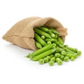 A burlap sack lies on its side, spilling vibrant green pea pods (Pisum sativum) and Royalty Free Stock Photo