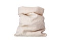 Burlap sack on white background isolated close up, rough rustic full linen pack, empty beige canvas bag, one open bagging textile