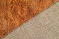 Burlap texture on wooden table background Royalty Free Stock Photo