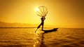 Burma Myanmar Inle lake fisherman on boat catching fish Royalty Free Stock Photo