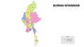 Burma Myanmar Map. State and district map of Burma Myanmar. Detailed colorful map of Burma Myanmar