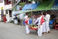 Burmese buddhist novices collecting offerings yangon myanmar Royalty Free Stock Photo