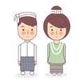 Burmese couple traditional national clothes of Myanmar. Set of cartoon characters in traditional costume. Cute people