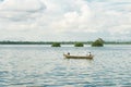 Burmese fishermen in small fishing boats near U-Bein Bridge, in Taungthaman Lake, Amarapura, Myanmar Royalty Free Stock Photo