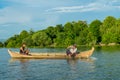 Burmese fishermen in small fishing boats near U-Bein Bridge, in Taungthaman Lake, Amarapura, Myanmar Royalty Free Stock Photo