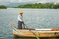 Burmese fishermen in small fishing boats near U-Bein Bridge, in Taungthaman Lake, Amarapura, Myanmar Royalty Free Stock Photo