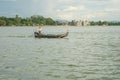 Burmese fishermen in small fishing boats near U-Bein Bridge, in Taungthaman Lake, Amarapura, Myanmar Royalty Free Stock Photo