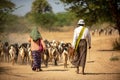 Burmese men and women drive their herds back to the farm in the afternoon