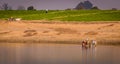 Burmese people working on the banks of Ayeyarwady river, Myanmar Royalty Free Stock Photo