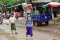 Burmese women carrying bag on head Royalty Free Stock Photo