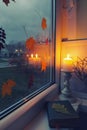 Burn candle front of window, fallen leaves and book. Moment of loneliness and autumn melancholy